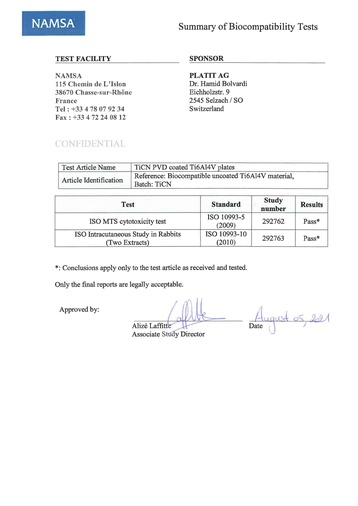 TiCN Biokompatibilitäts-Zertifikat