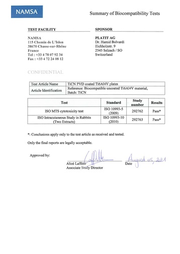 TiCN Biocompatibility Certificate